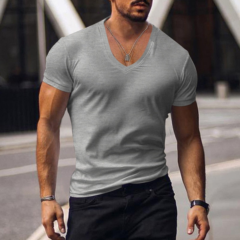 Casual Short Sleeve V Neck Slim Tee Mens Summer Leisure Pure Color Simple Basic T Shirt Men Clothes Fashion Skinny Tops Pullover