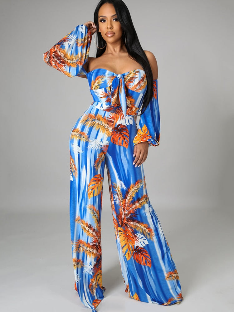 Jump Suits for Women  Tropical Print Off The Shoulder Lace Up Decorative Jumpsuit One Fashion Casual Pieces for Women Female