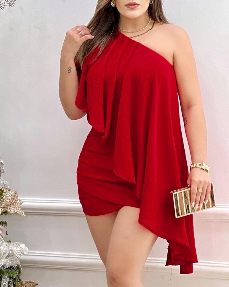 Skew Collar Pencil Dress For Women Summer Elegant One Off Shoulder Party Dresses 2023 New Ladies Sexy Ruffles Print Mini Dress