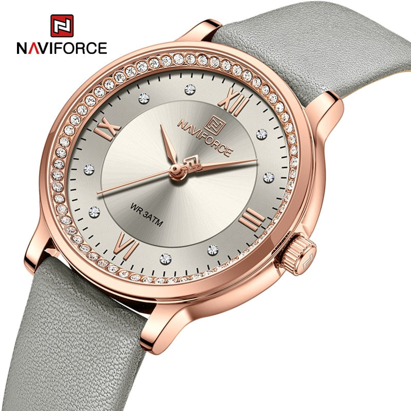 NAVIFORCE Women's Watch Popular Fashion Dress Ladies Waterproof Quartz Leather Strap Wristwatch Girlfriend Gift Relogio Feminino