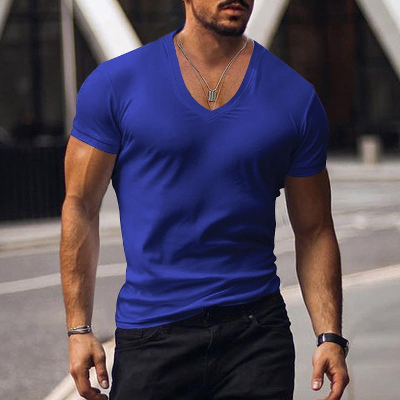 Casual Short Sleeve V Neck Slim Tee Mens Summer Leisure Pure Color Simple Basic T Shirt Men Clothes Fashion Skinny Tops Pullover