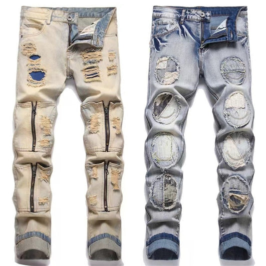 EH·MD Stitch Emoticon Jeans Men Scraped Thread White Gradient Slimming Tights Cotton High Elastic Zip Knee 3D Embroidery Smile23