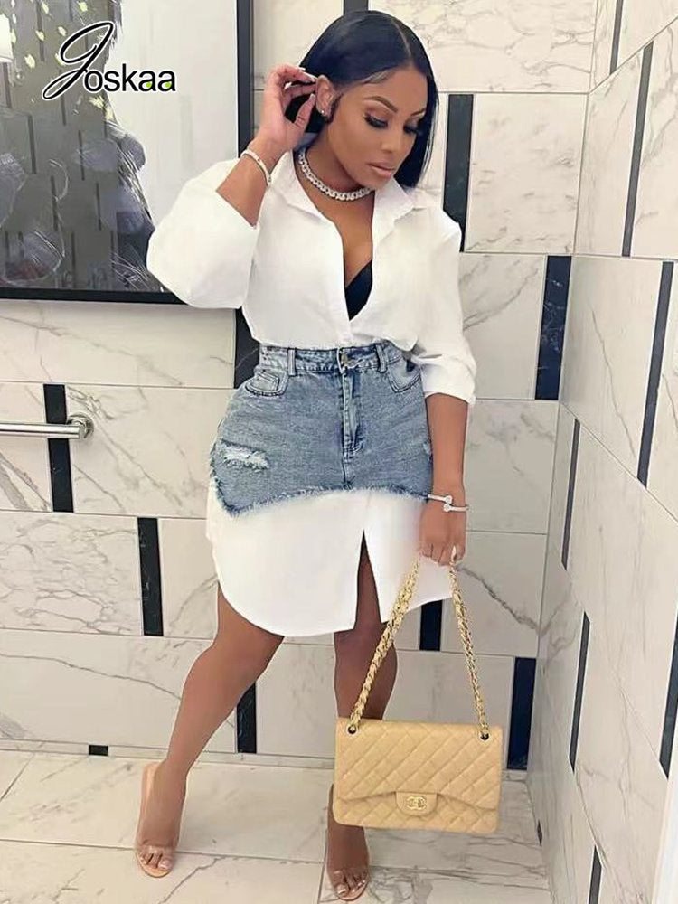 Joskaa Solid Lapel Long Sleeve Single Breasted Shirt Dress and Irregular Denim Skirt Two Piece Set Women 2023 Cute Street Outfit