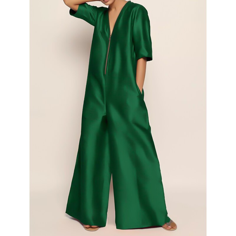 Uoozee 2023 Summer New Fashion Solid Color Loose Jumpsuit Half Sleeves V-Neck Wide Leg Pants Casual Jump Suits For Women