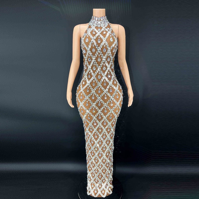 Sparkly Silver Big Rhinestone Transparent Long Dress Evening Birthday Celebrate Luxurious Costume Dancer Flashing Prom Dress