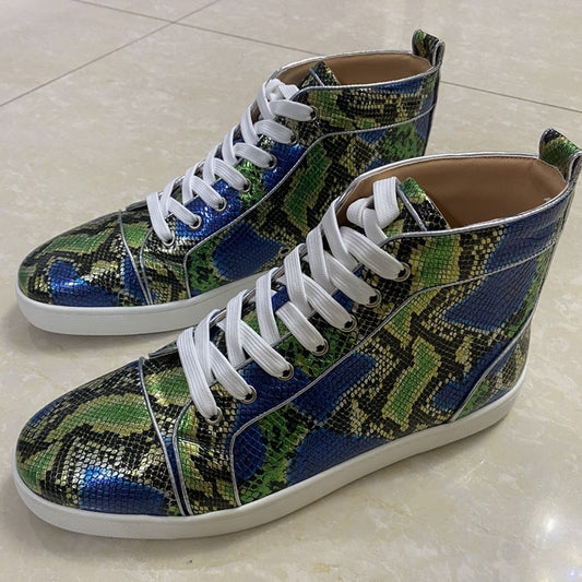 Luxury Brand Green Snakeskin Pattern Genuine Leather Sneakers High Top Casual Shoes Lace-up Flats Mens Sneakers