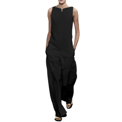 Freeacy Black White Solid Color Sleeeless Wide Leg Pants Jumpsuits 2023 Summer New Daily Wears Casual Jump Suit For Women