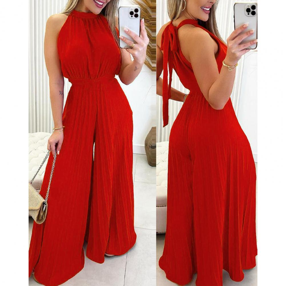 Women Party Jumpsuit Wide Leg Pleated High Waist Sleeveless Dress-up Lace Up Off Shoulder Banquet Summer Jumpsuit Women Clothes