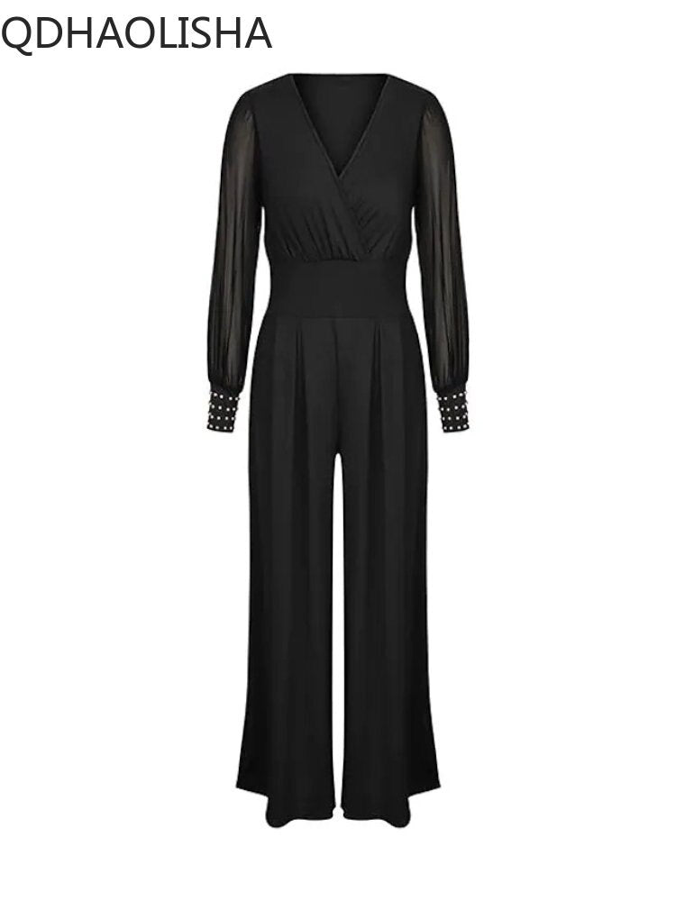 New In Black V-neck Mesh Splicing Straight One-piece Pants Jumpsuits  Sexy Streetwear  Jump Suits for Women Elegance Overalls