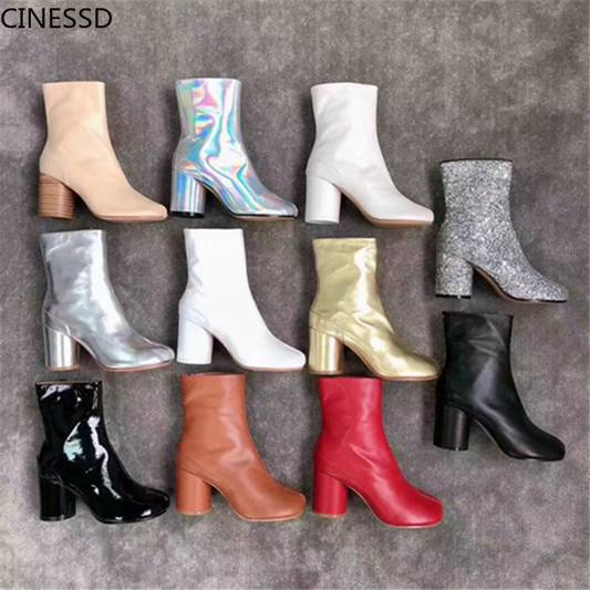 Real Cow Leather Split Toe Ninja Tabi Boots Women MM6 Brand Design Genuine Leather Ankle Boot Woman Round High Heels Shoes