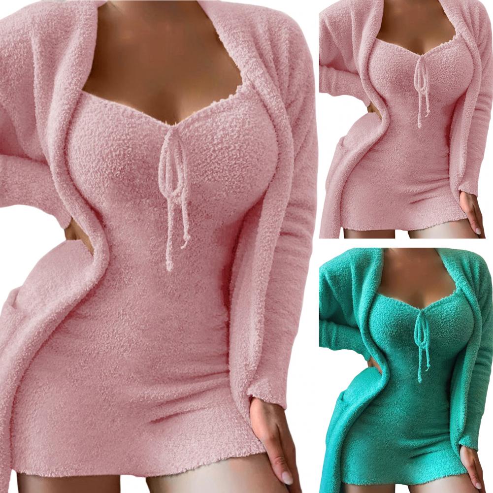 Two Pieces Set Women Pajamas Set Solid Color Low Cut Sleeveless Thermal Slim Long Robe Drawstring Lounge Nightie Dress Set