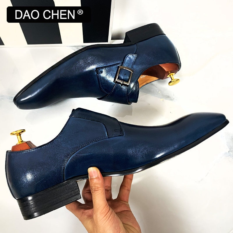 DAOCHEN MEN LEATHER SHOES BLACK BLUE MONK STRAP LOAFERS SLIP ON LUXURY BRAND CASUAL MENS DRESS SHOES WEDDING OFFICE MEN'S SHOES