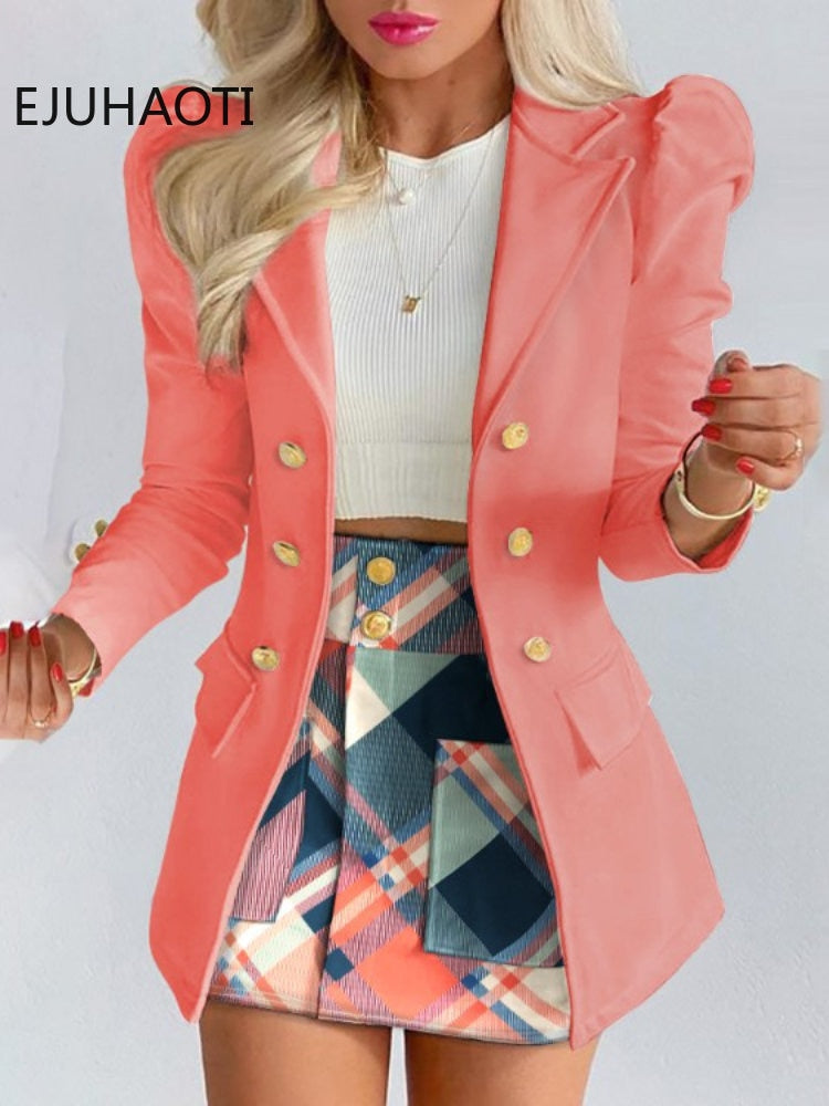 Spring Long Sleeve Solid Color Jacket with Mini Skirt Two-piece Suit Tailleur Femme Blazer and  Set Dress