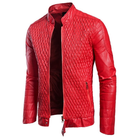 Winter Men's Leather Jacket Motorcycle Leather PU Jacket Korean Fashion Street Dress Men's Red Standing Collar Casual Coat