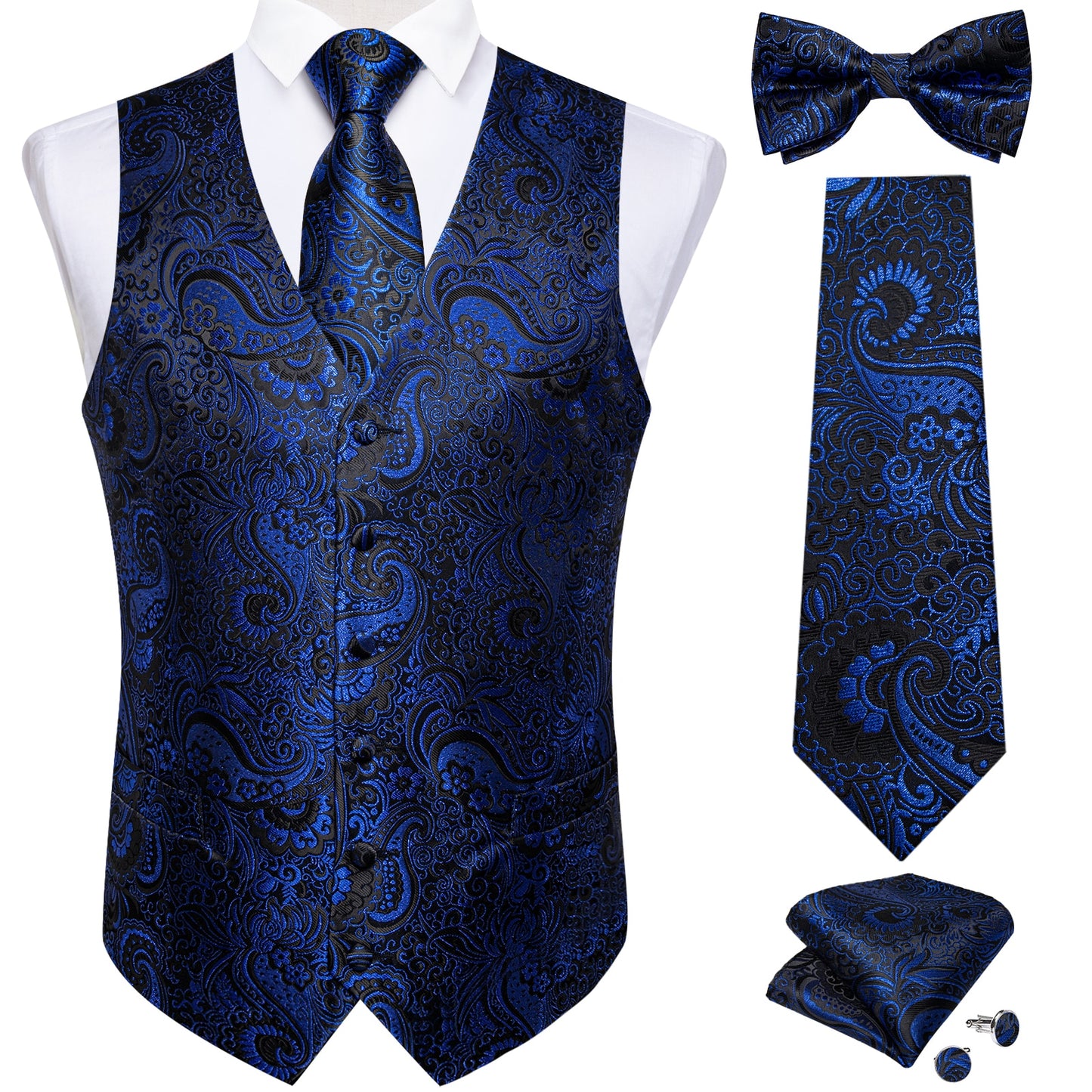 Men Black Paisley Vest Necktie Bowtie Pocket Square Cufflinks Dress Set жилетка мужская Classic 5 PCS Business Waistcoat for Man