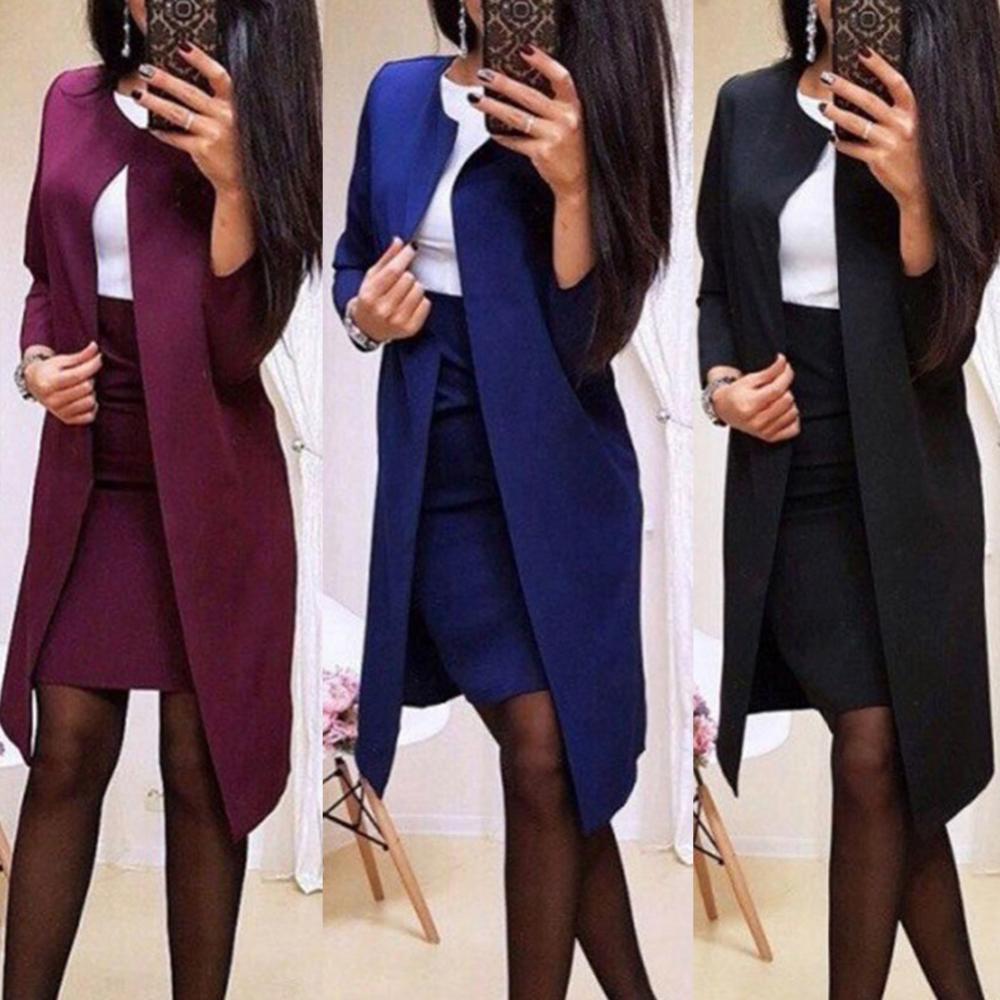 Lady Suit Skirt Bodycon Solid Color Slim 2Pcs Office Autumn Long Blazer Jacket Mini Work Coat Office Solid Blazers Set