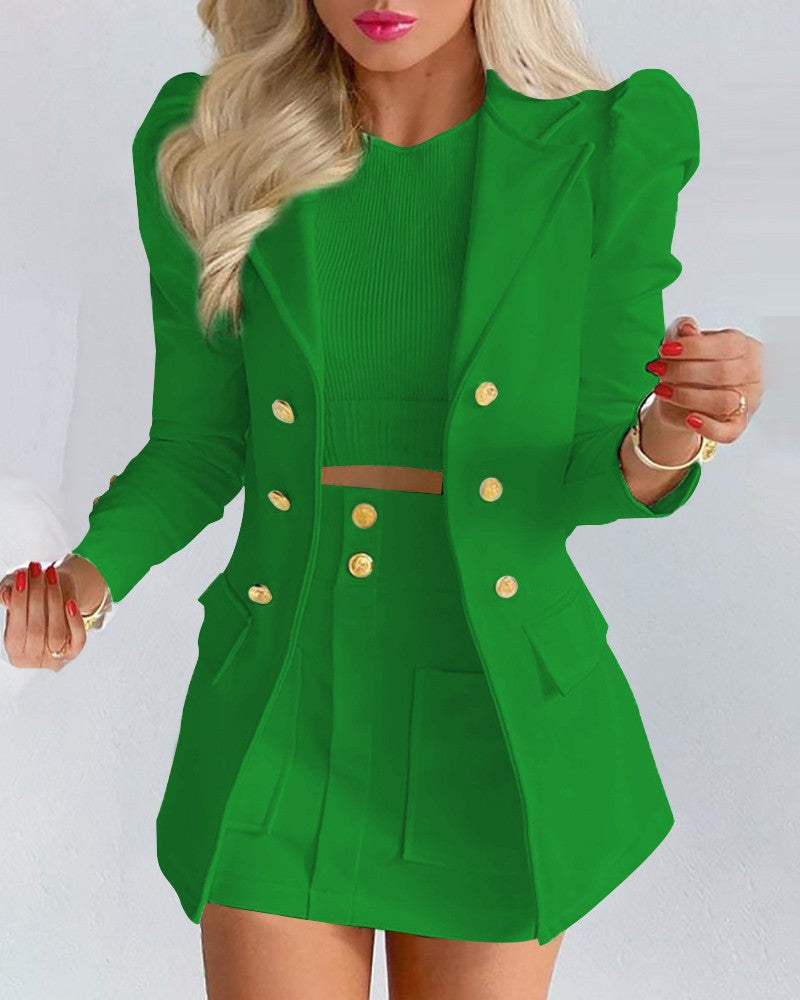 Spring Long Sleeve Solid Color Jacket with Mini Skirt Two-piece Suit Tailleur Femme Blazer and  Set Dress