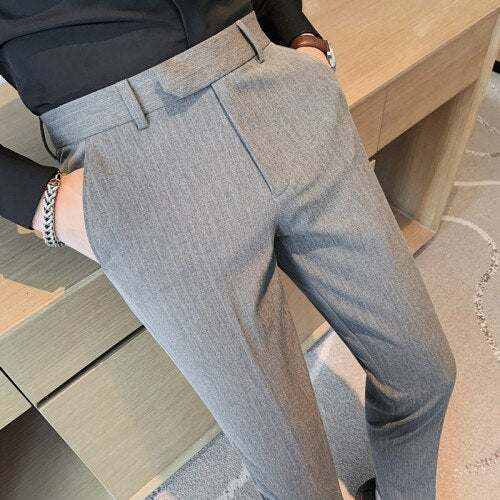 2023 Men High Quality Stripes Business Suit Trousers/Male Slim Fit Pure color Suit Trousers Casual Formal Mens Dress Pants 38