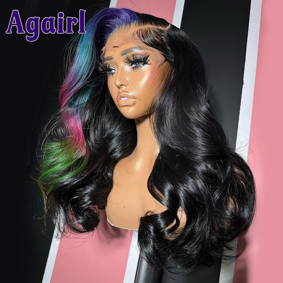 Highlight Blue Pink Green Body Wave Lace Frontal Wig Transparent Lace Front Human Hair Wigs 30 32 Inch 5x5 Lace Wig Pre Plucked