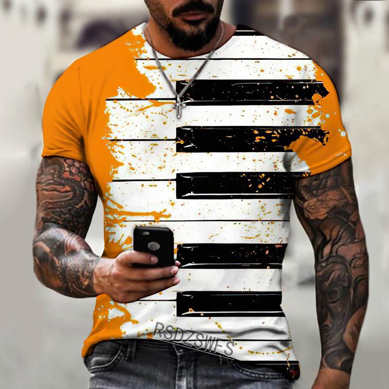 Men's T-Shirt Music Notes Piano Keys 3D Printed Lycra Polyester Shirt Men's Short Sleeve Fashion Oversized Summer Dress