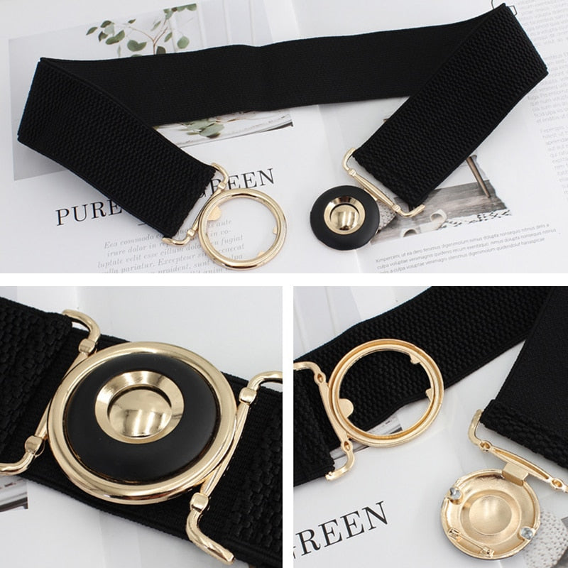 Women'S Elastic Wide Belt Golden Leaves Waist Belt Buckle Female Dress Coat Sweater Decorative Waistbands Fashion Cummerbands