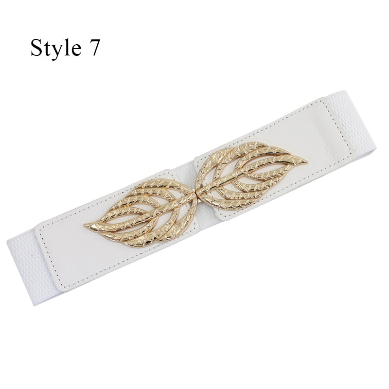 Women'S Elastic Wide Belt Golden Leaves Waist Belt Buckle Female Dress Coat Sweater Decorative Waistbands Fashion Cummerbands