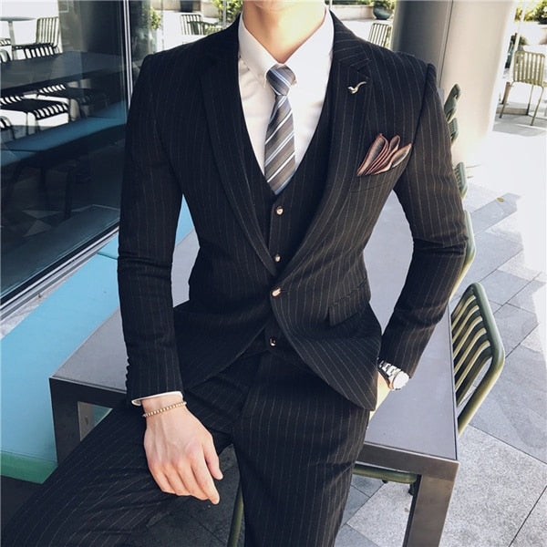 Large Size 7XL ( Blazer + Vest + Pants ) Groom Wedding Dress Dark Plaid Classic Retro Men's Formal Business Suit Three-Piece Set