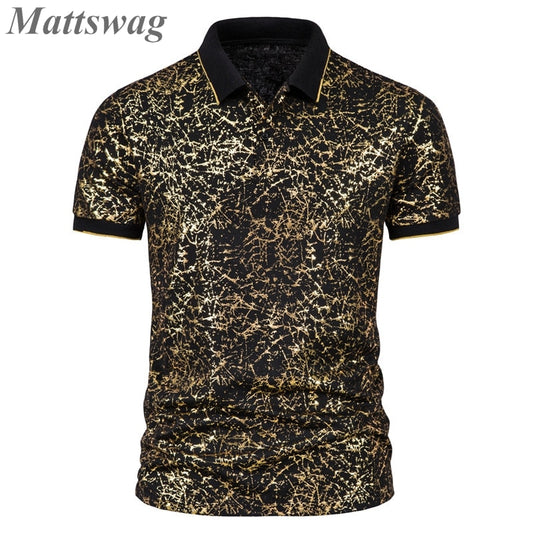 Mattswag Bronzing Crack Printed Polo T Shirts Male Fashion Nightclub Stage Dress Up  Men's Top Regular Fit Casual Daily Clothing