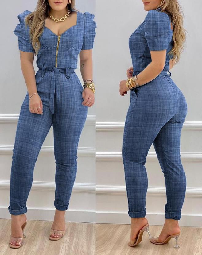 Women's Fashion Jumpsuit Summer 2023 Sexy Puff Sleeve Zipper Front Belt Women's Long Jumpsuit with Belt Women's Dress