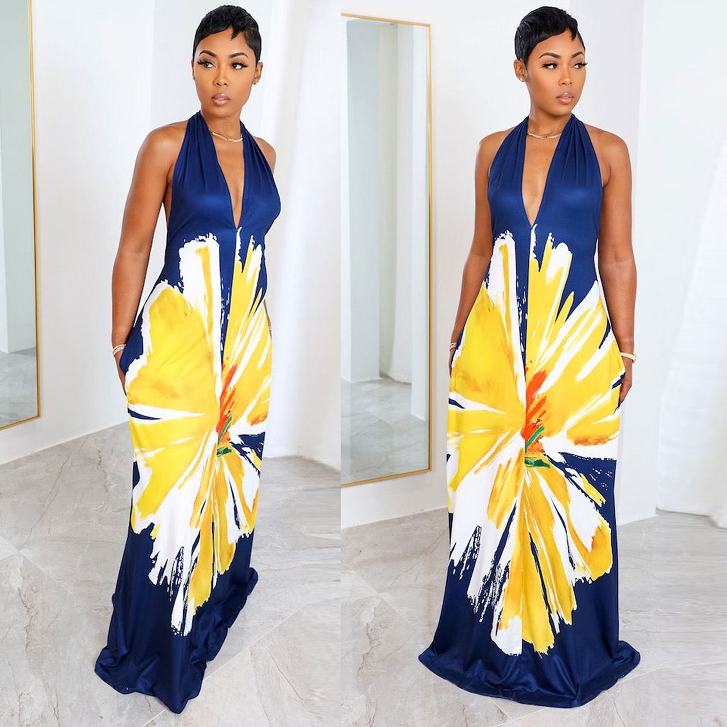 Summer Elegant Print  Hang Neck Straps Loose V-neck Long Dress 2023 Women Sleeveless Sexy Traditional Retro African Clothing