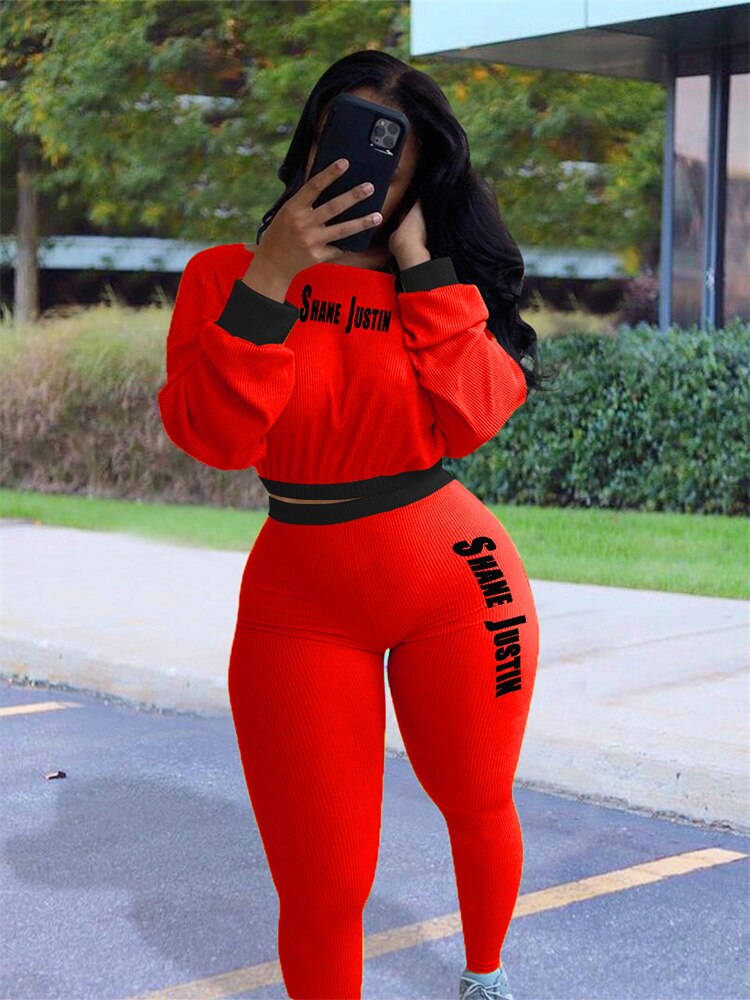 Wmstar 2 Piece Set Women Clothing Letter Print Crop Lenggings Tracksuit Bodycon Active Wear Matching Suit Wholesale Dropshpping