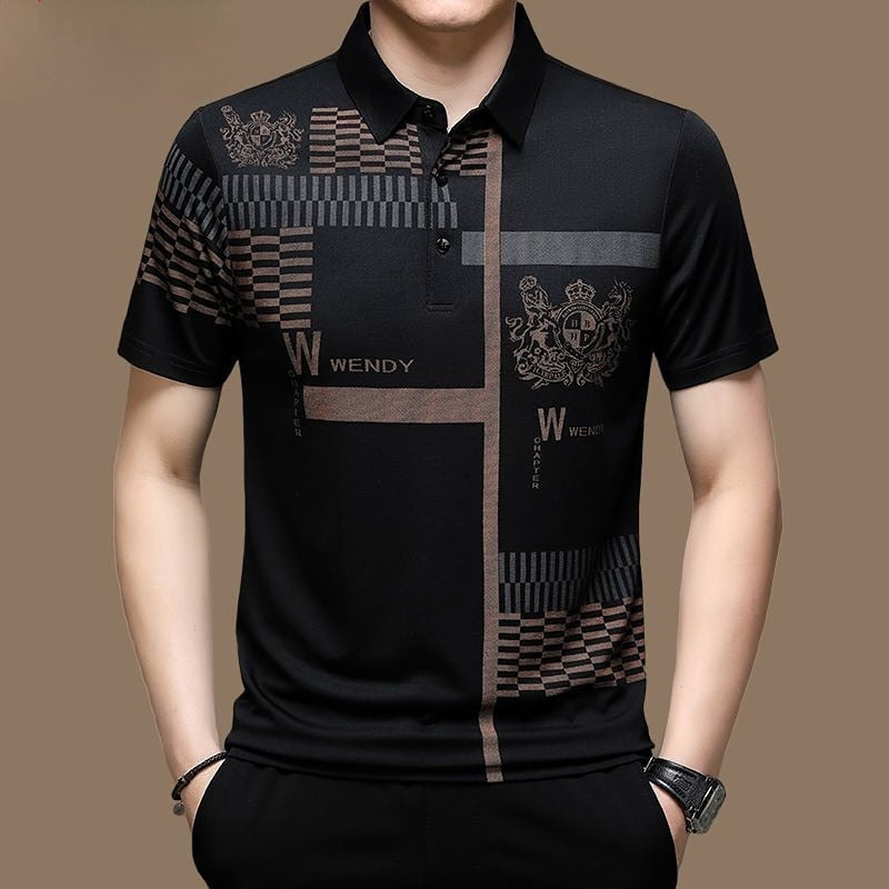 New Summer T Shirts for Men 2023 Short Sleeve Turn-down Collar Letter Printing Button Striped Polo Tees Fashion Pullover Tops