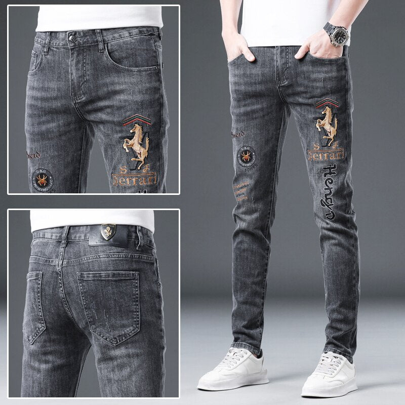 Summer High End Trendy Brand Printed Jeans Men Thin Slim Fit Skinny Trousers With Red Ears And Stretch Hand Embroidered Diamonds