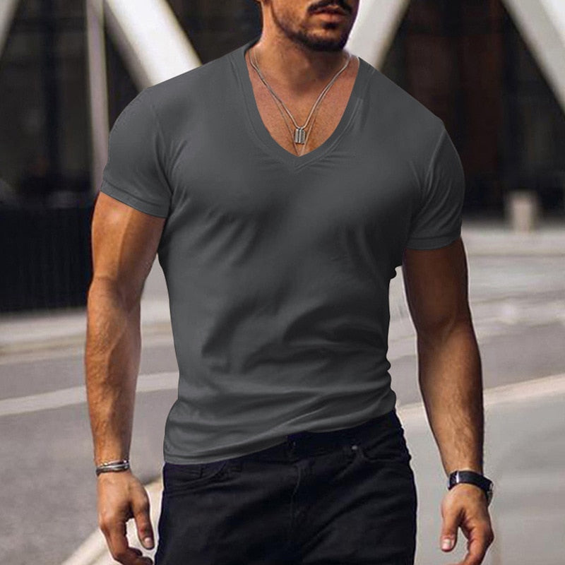 Casual Short Sleeve V Neck Slim Tee Mens Summer Leisure Pure Color Simple Basic T Shirt Men Clothes Fashion Skinny Tops Pullover