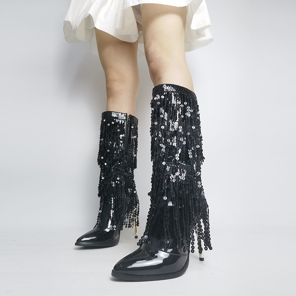 RIBETRINI Fashion Pointed Toe Fringe Sequined Mid Calf Boots For Women Zip Metallic Glitter Sexy Elegant Dress Long Shoes