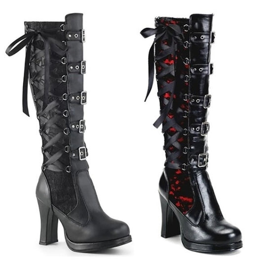 Women Cosplay High Boots High Heel Knee High Shoes Leather Gothic Punk Style Classic Black Winter Women's Boots Boot Size 40-43