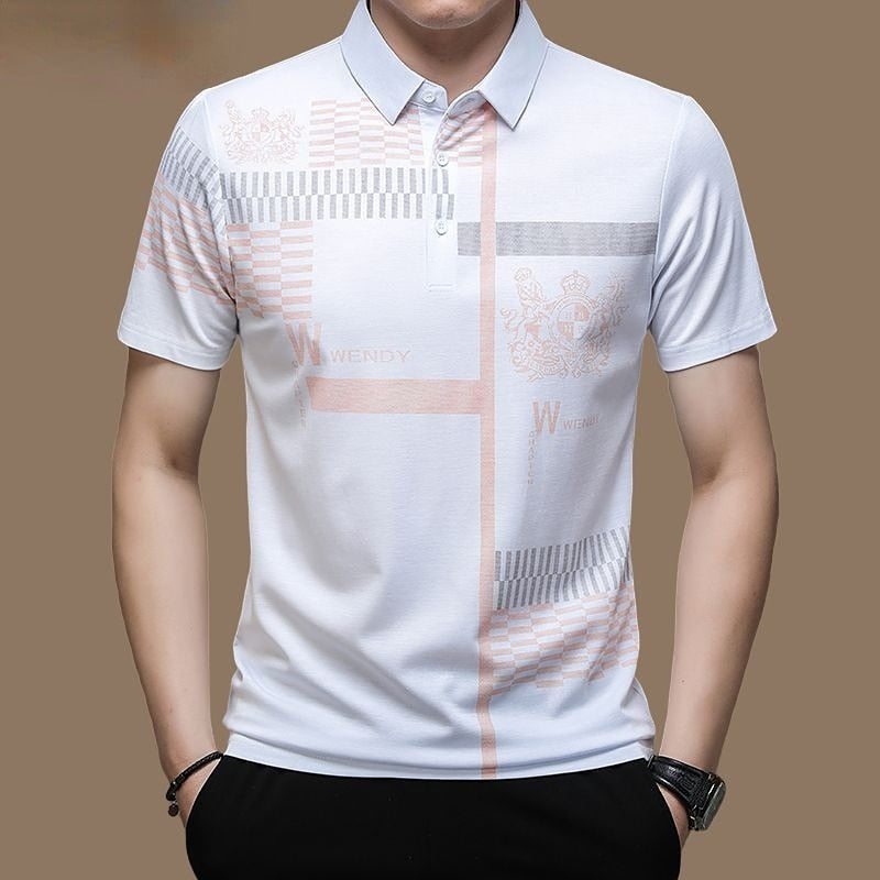 New Summer T Shirts for Men 2023 Short Sleeve Turn-down Collar Letter Printing Button Striped Polo Tees Fashion Pullover Tops