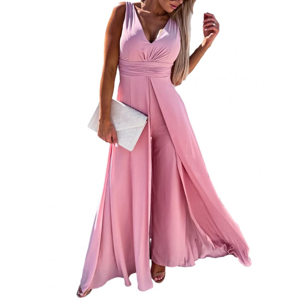 Prom Jumpsuit Double Layers Lady Dress Wide Leg Split Hem Lady Jumpsuit Women Garment