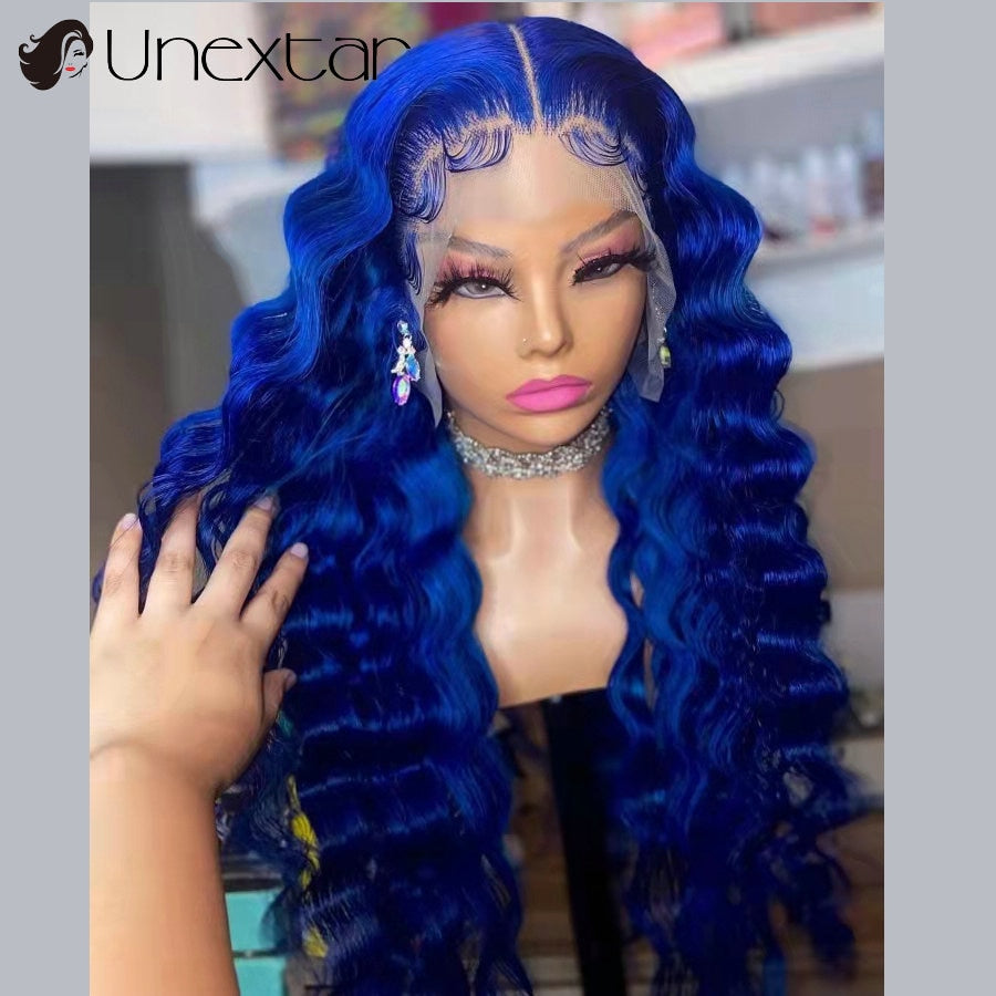 Brazilian Remi Real Hair Blue Color Deep Wave Human Hair Wigs 13×4 Lace Frontal Hair Wigs 200 Density Hd Lace Frontal Wig