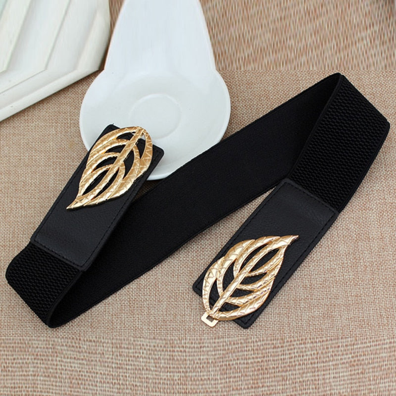 Women'S Elastic Wide Belt Golden Leaves Waist Belt Buckle Female Dress Coat Sweater Decorative Waistbands Fashion Cummerbands