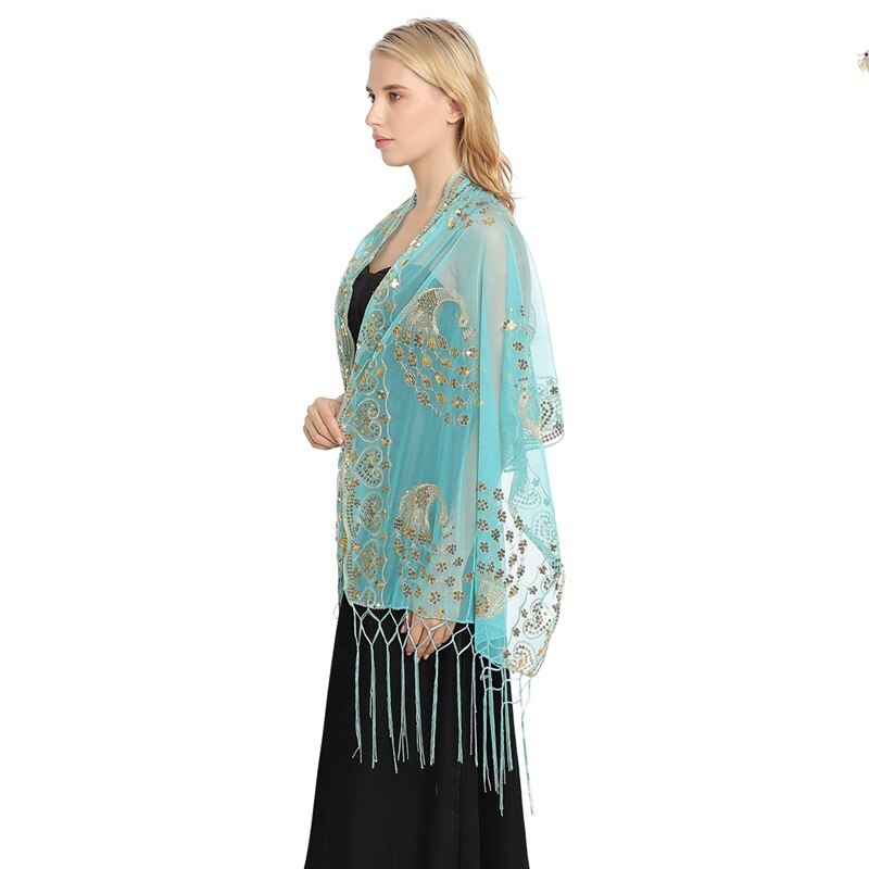 Spring Autumn Sequin Shawl Peacock Embroidery Tassel Shawl Party Evening Dress Shawl Cloak Ponchos Capes Black