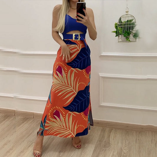 Sexy Babe Sleeveless Top & Printed Long Dress Two-Piece Set for 2023 Summer Ladies Fashion European American Women's Skirt Sets