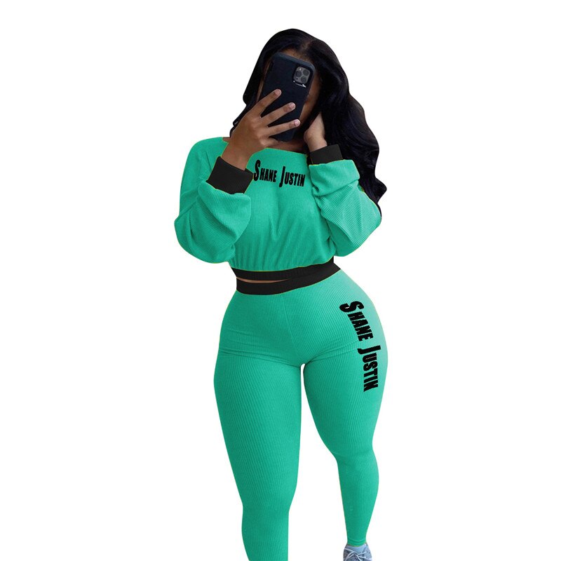 Wmstar 2 Piece Set Women Clothing Letter Print Crop Lenggings Tracksuit Bodycon Active Wear Matching Suit Wholesale Dropshpping