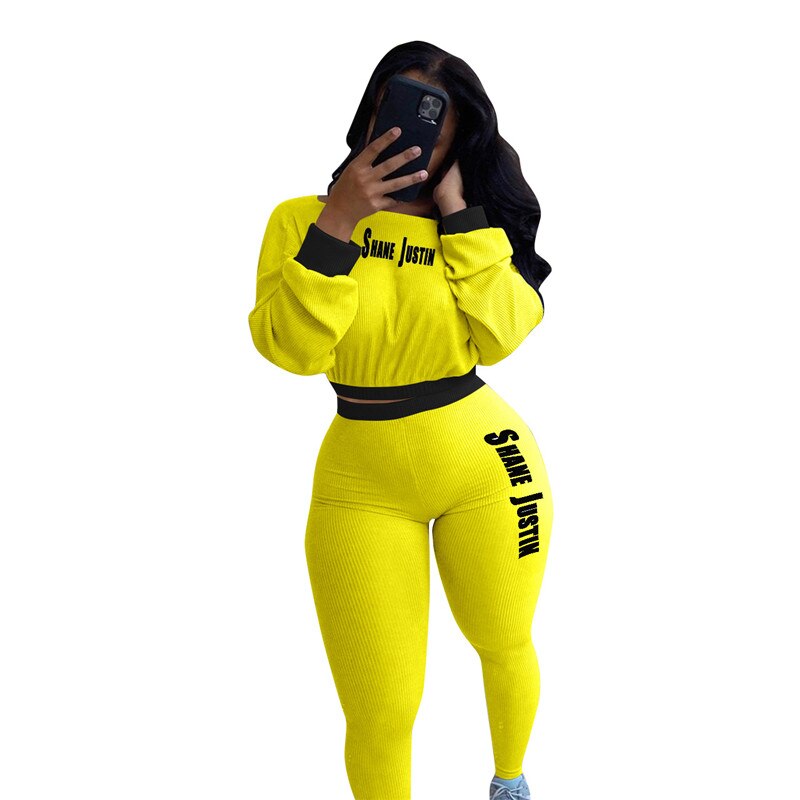 Wmstar 2 Piece Set Women Clothing Letter Print Crop Lenggings Tracksuit Bodycon Active Wear Matching Suit Wholesale Dropshpping