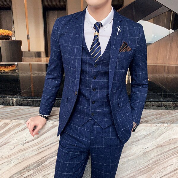 Large Size 7XL ( Blazer + Vest + Pants ) Groom Wedding Dress Dark Plaid Classic Retro Men's Formal Business Suit Three-Piece Set