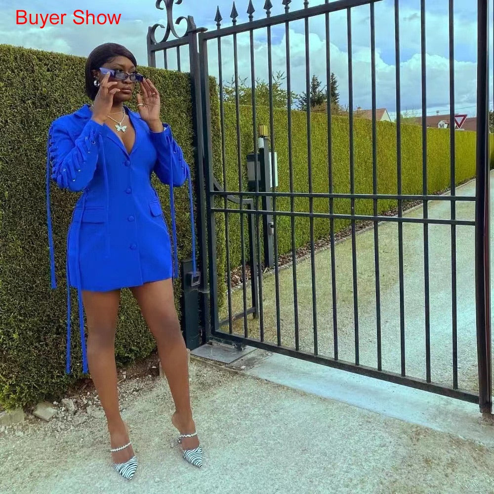 Blazer Dress Women Elegant Fashion Luxury Blue Single Breasted Button Pocket Notched Slim High Quality Blazer Clothes 2023 New