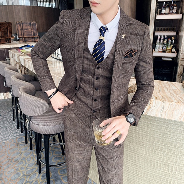 Large Size 7XL ( Blazer + Vest + Pants ) Groom Wedding Dress Dark Plaid Classic Retro Men's Formal Business Suit Three-Piece Set