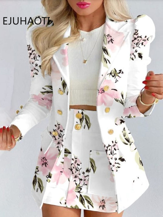 Spring Long Sleeve Solid Color Jacket with Mini Skirt Two-piece Suit Tailleur Femme Blazer and  Set Dress