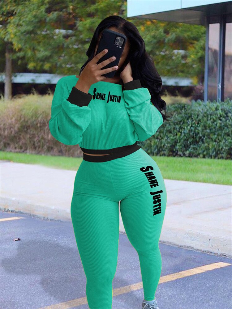 Wmstar 2 Piece Set Women Clothing Letter Print Crop Lenggings Tracksuit Bodycon Active Wear Matching Suit Wholesale Dropshpping