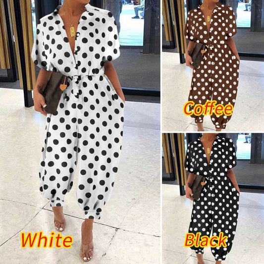 New Leopard Print Jumpsuit for Women Retro Short Sleeved Button Casual Pants Loose Fit Jump Suits for Women